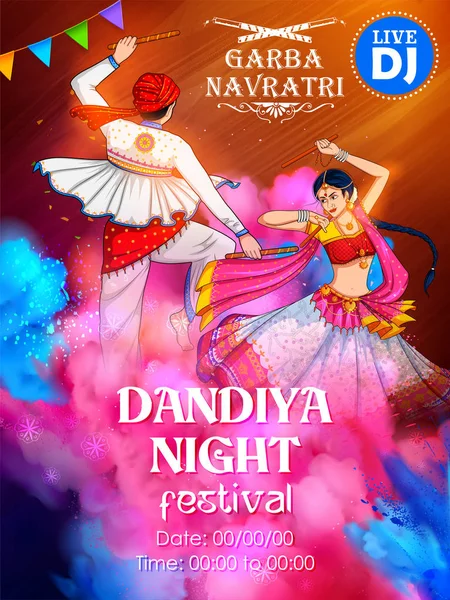 Casal tocando Dandiya na discoteca Garba Night banner cartaz para Navratri Dussehra festival da Índia — Vetor de Stock