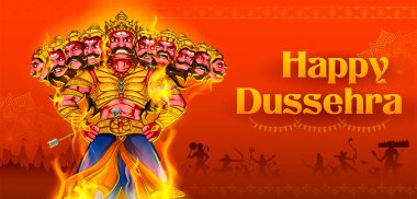 Ravana, Navratri festivali için on başlı Hindistan Dussehra posteri.