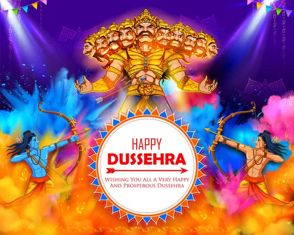 Lord Rama killing Ravana in Dussehra Navratri festival of India poster — Stock Vector
