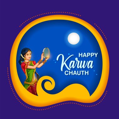 Hindu kadın şenliği icra ediyor Karwa Cahuth şiş ile aya bakıyor.