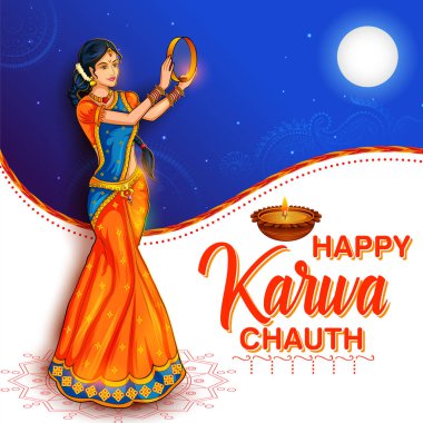 Hindu kadın şenliği icra ediyor Karwa Cahuth şiş ile aya bakıyor.