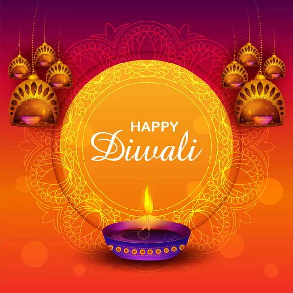 Brennende diya auf happy diwali holiday background für light festival of India — Stockvektor