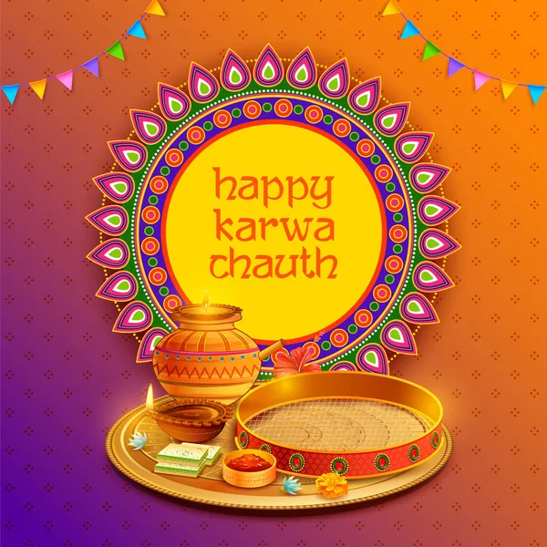 Saludos para el festival hindú indio Happy Karwa Chauth — Vector de stock