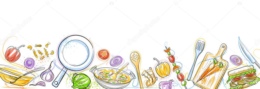 healthy and fresh fruit and vegetable with kitchen utensil for home cooking