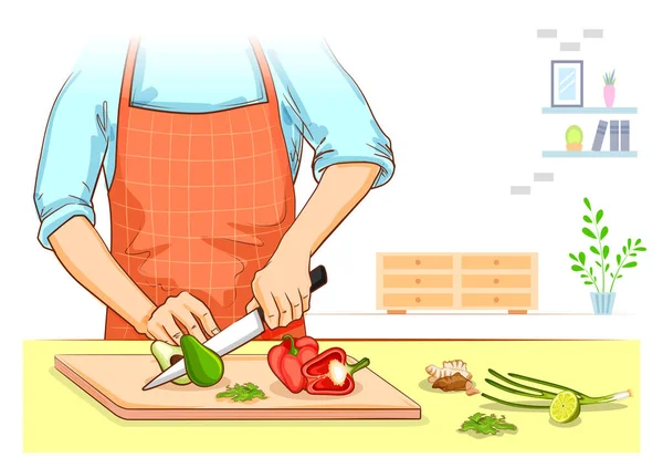 Corte de mão humana e corte de vegetais frescos para cozinhar em casa — Vetor de Stock