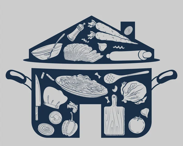 Frutas y verduras saludables y frescas con utensilio de cocina para cocinar en casa — Vector de stock