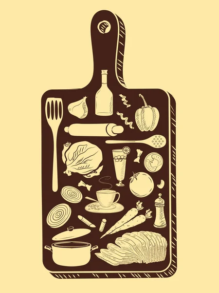健康新鲜的水果和蔬菜，配有厨房用具，用于家庭烹调 — 图库矢量图片