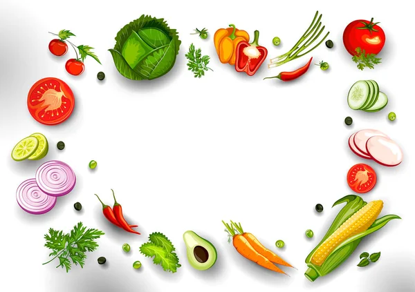 Frutas y verduras saludables y frescas con utensilio de cocina para cocinar en casa — Vector de stock