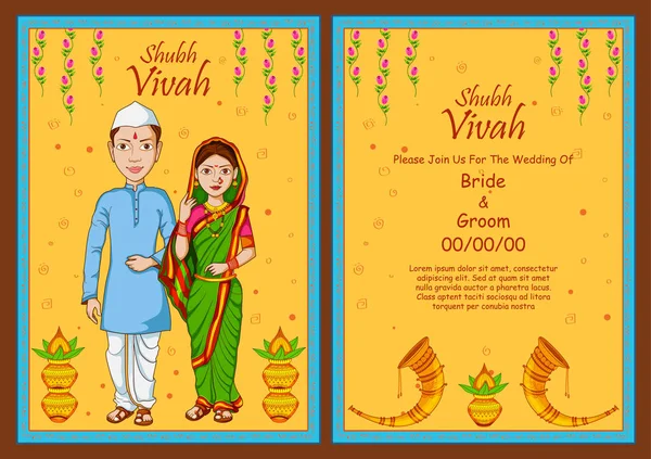 Paar op Indiase bruiloft uitnodiging template achtergrond — Stockvector