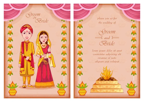 インドの結婚式招待テンプレートの背景のカップル — ストックベクタ