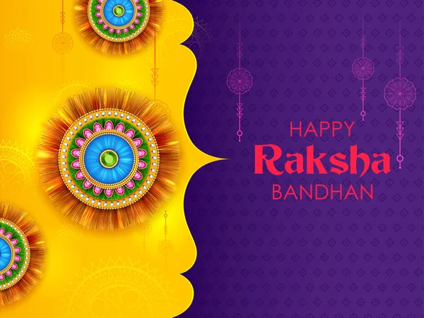 Wenskaart en sjabloon banner met decoratieve Rakhi voor Raksha Bandhan, Indiase festival voor broer en zus bonding viering — Stockvector