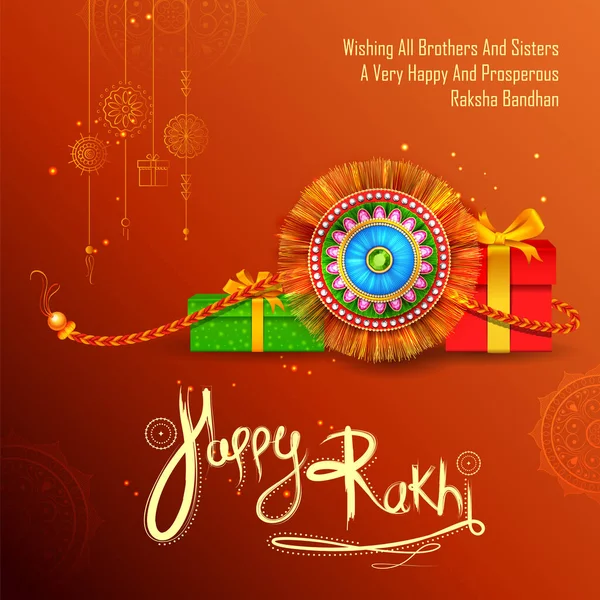 Greeting card and template banner with decorative Rakhi for Raksha Bandhan, Indian festival for brother and sister bonding celebration — Stock Vector