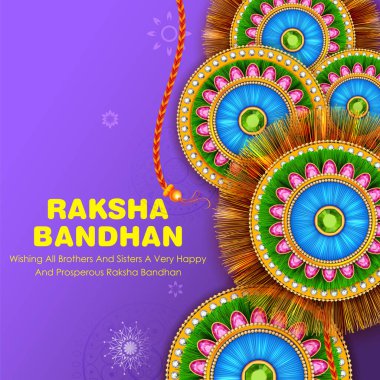 Raksha Bandhan için dekoratif Rakhi pankartıyla tebrik kartı ve şablon afişi. Kardeş kutlaması için Hint festivali.