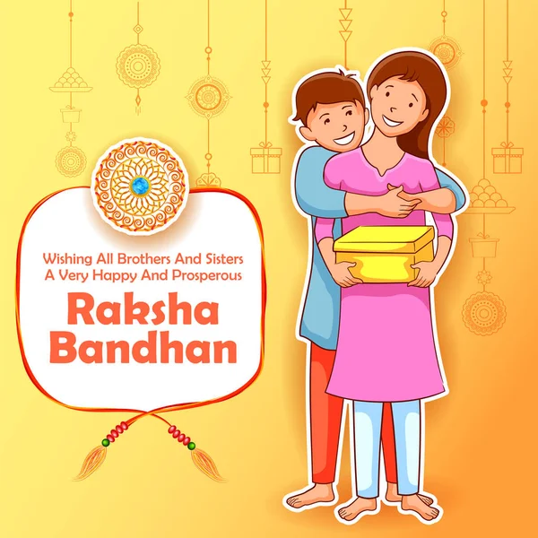 Gratulationskort och mall banner med dekorativa Rakhi för Raksha Bandhan, Indiska festivalen för bror och syster bindning firande — Stock vektor