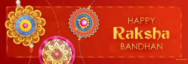 Carte de vœux et bannière modèle avec Rakhi décoratif pour Raksha Bandhan, fête indienne pour la célébration des liens entre frères et sœurs — Image vectorielle