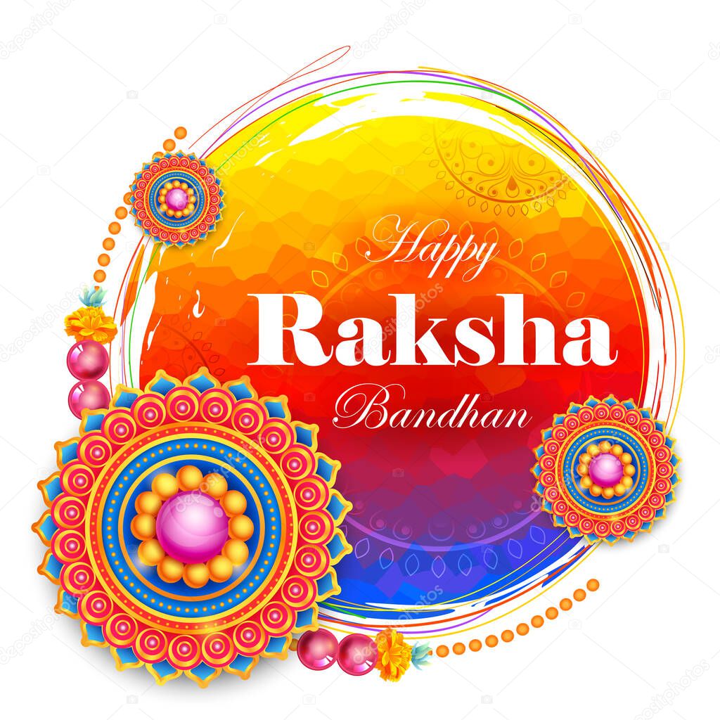 Greeting card and template banner with decorative Rakhi for Raksha Bandhan, Indian festival for brother and sister bonding celebration