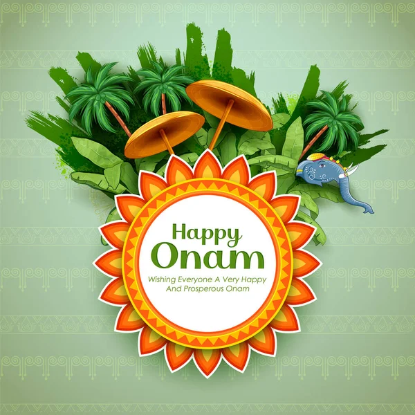 Rei Mahabali guarda-chuva em fundo celebração para Happy Onam festival do sul da Índia Kerala — Vetor de Stock