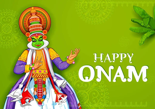 Ballerino Kathakali sullo sfondo per il festival Happy Onam del Kerala dell'India meridionale — Vettoriale Stock