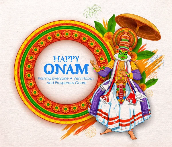 Bailarina Kathakali en el fondo para el festival Happy Onam del sur de la India Kerala — Vector de stock