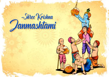 Lord Krishna ve arkadaşı, Hindistan 'ın Mutlu Janmashtami Festivali arka planında Dahi Handi kutlamasından Makhan' ı çalıyorlar.