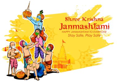 Lord Krishna ve arkadaşı, Hindistan 'ın Mutlu Janmashtami Festivali arka planında Dahi Handi kutlamasından Makhan' ı çalıyorlar.