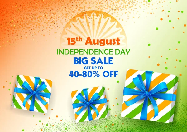 Caja de regalo tricolor con bandera india para el 15 de agosto Feliz Día de la Independencia de la India — Vector de stock