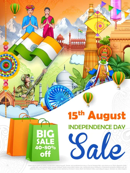 Célèbre monument indien et point de repère pour le 15 août Happy Independence Day of India Sale Promotion publicité fond — Image vectorielle