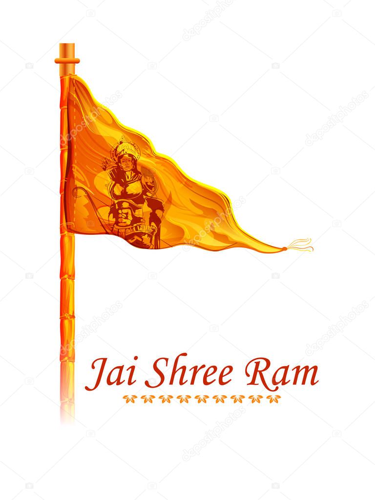 Lord Rama on saffron flag in Shree Ram Navami celebration background for religious holiday of India