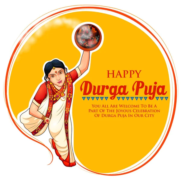 Godin Durga gezicht in Happy Durga Puja Subh Navratri Indiase religieuze header banner achtergrond — Stockvector