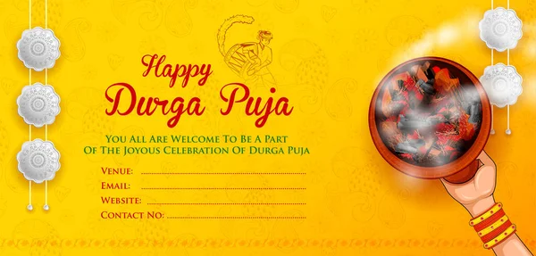 Godin Durga gezicht in Happy Durga Puja Subh Navratri Indiase religieuze header banner achtergrond — Stockvector