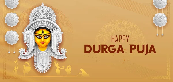 Bogini Durga twarz w Happy Durga Puja Subh Navratri Indian religijne nagłówek tle — Wektor stockowy