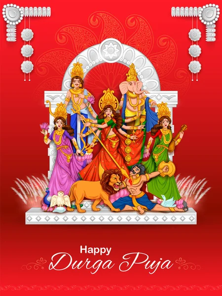 Godin Durga gezicht in Happy Durga Puja Subh Navratri Indiase religieuze header banner achtergrond — Stockvector