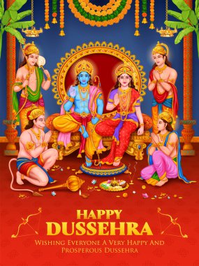 Lord Ram, Sita, Laxmana, Hanuman, Bharat and Shatrughna in Ram Darbar for Dussehra Navratri festival of India poster clipart