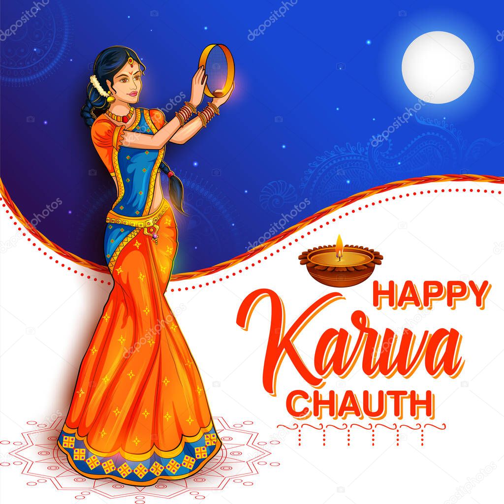 Indian woman performing Hindu married festival ritual of Karwa Cahuth looking moon through sieve