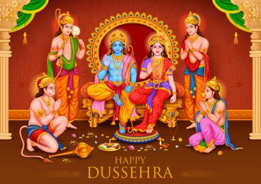 Ram, Sita, Laxmana, Hanuman, Bharat ve Shatrughna Dussehra Navratri festivali için Ram Darbar 'da.