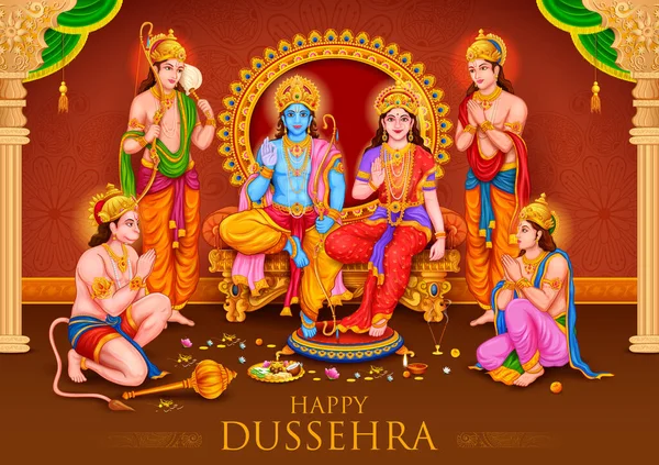 Lord Ram, Sita, Laxmana, Hanuman, Bharat and Shatrughna in Ram Darbar for Dussehra Navratri festival of India poster — Stock Vector