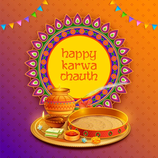 Pooja thali decorado para saludos en el festival hindú indio Happy Karwa Chauth — Vector de stock