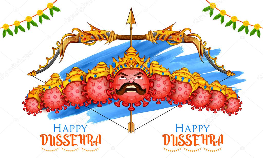 illustration of Covid Ravana with ten heads of Corona virus for Navratri festival of India poster for Dussehra