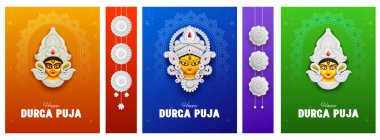 Mutlu Durga Puja Subh Navratri 'deki Tanrıça Durga' nın tasviri Promosyon Satış Bayrağı için Hindistan dini arka plan tasarımı