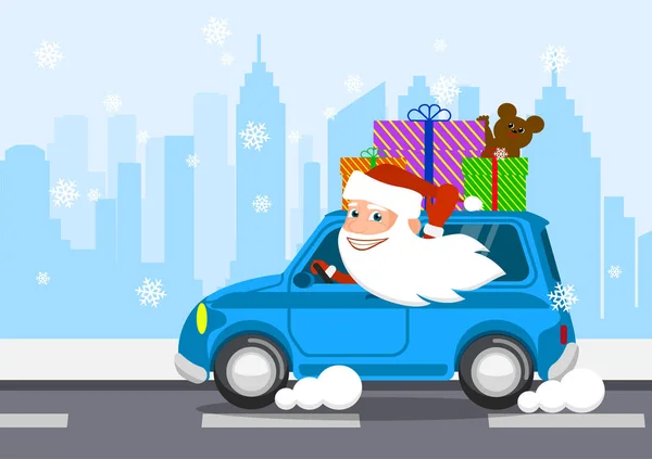Santa Merry Samochód Prowadzi Prezenty Ilustracja Wektorowa — Wektor stockowy
