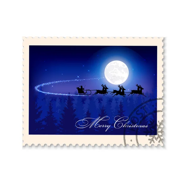 Postage Stamp Christmas Landscape Silhouette Santa Claus Flyi — Stock Vector
