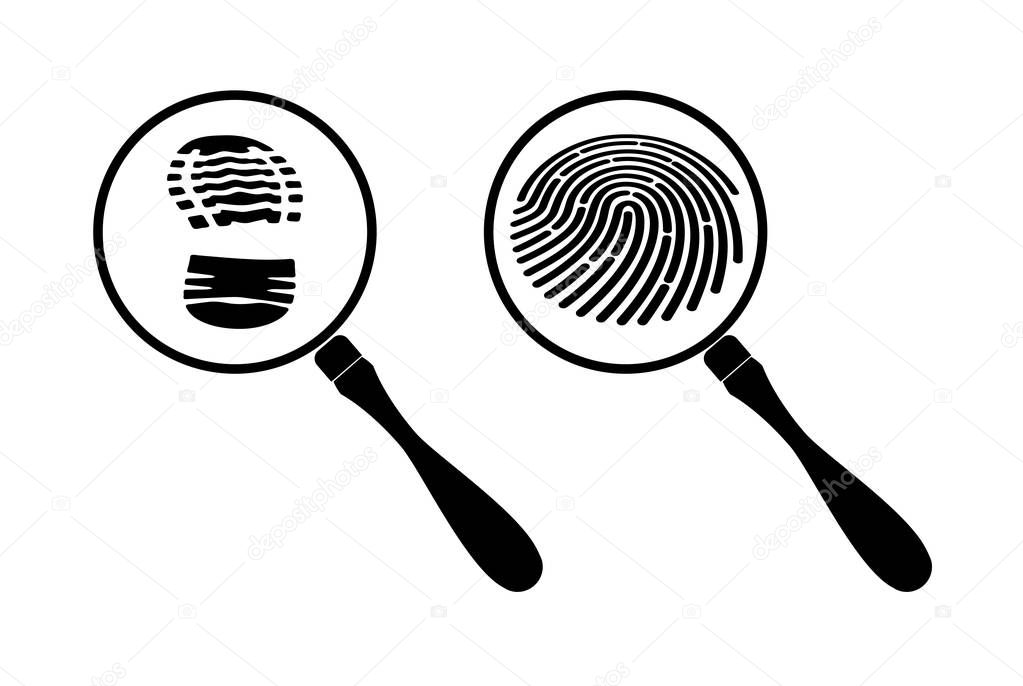 Detective magnifier icons with fingerprint inside.