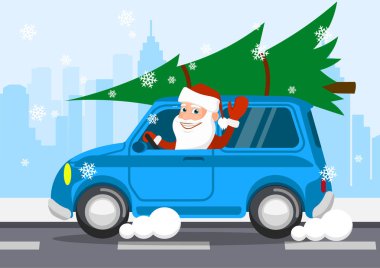 Neşeli Noel Baba bir araba hediye taşır. vektör çizim