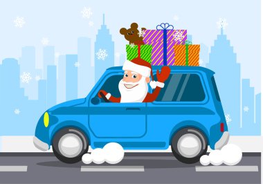 Neşeli Noel Baba bir araba hediye taşır. vektör çizim