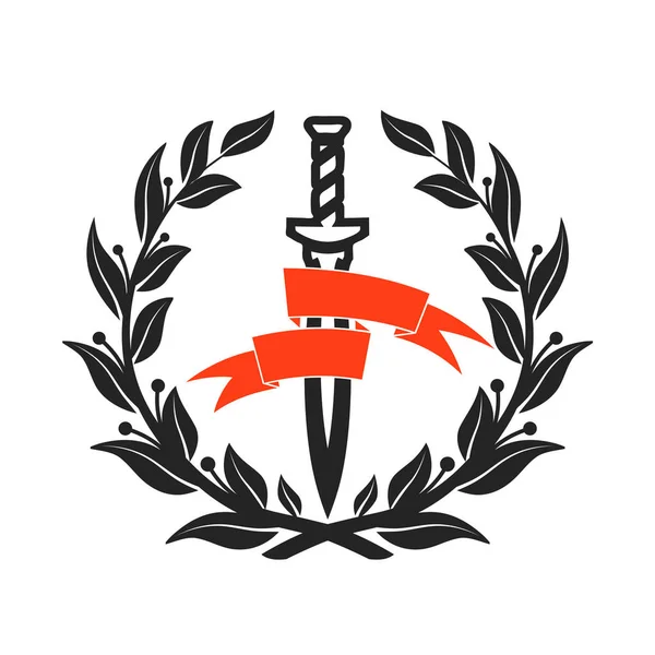 紋章剣のシンボル月桂樹の花輪のベクトルのアイコンで — ストックベクタ