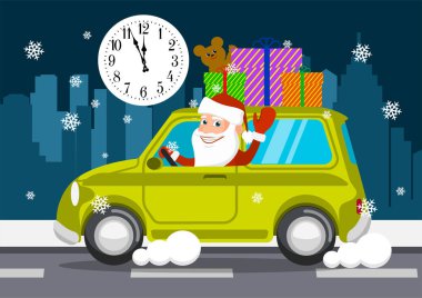 Neşeli Noel Baba bir araba hediye taşır. vektör çizim