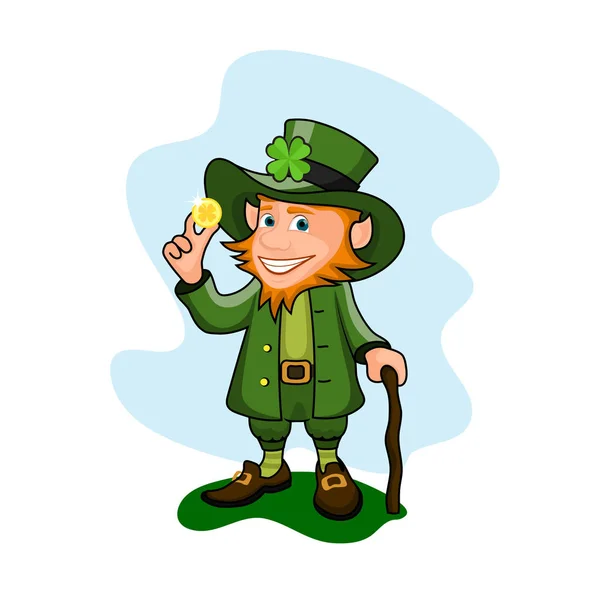 Funny Leprechaun Cartoon Figure Holding Gold Coin — Stock Vector