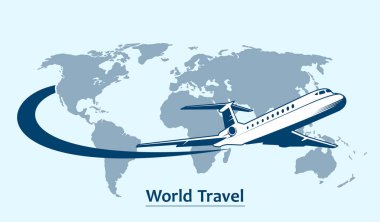 Bir sembol uluslararası hava seyahat gezegenin etrafında uçan yolcu uçağı.