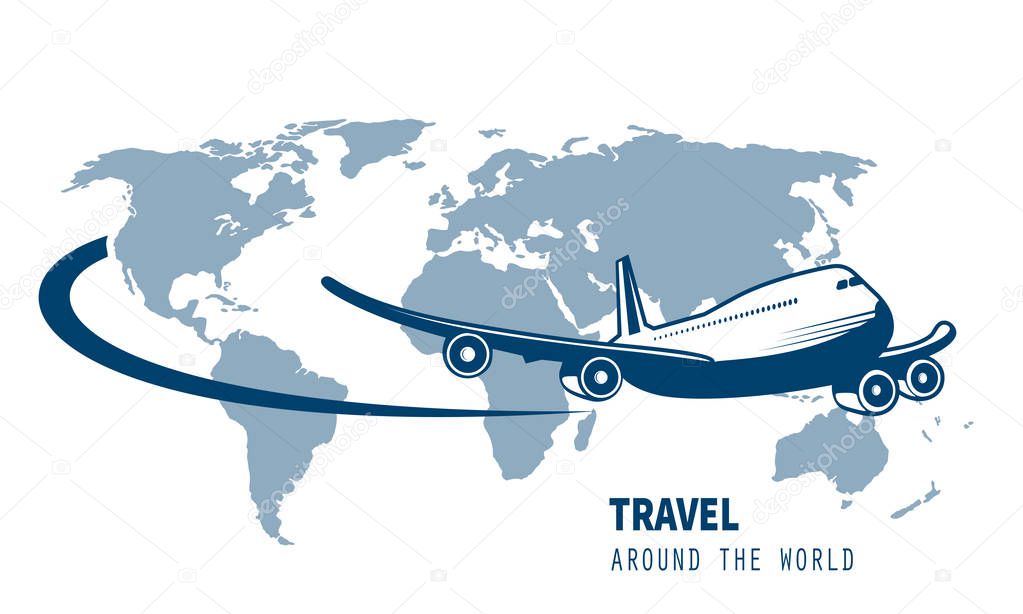 Airliner flying around the planet a symbol of international air travel. 