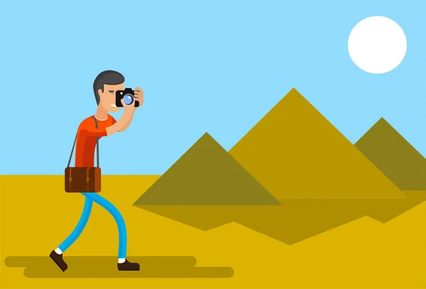 Tourist with camera shooting beautiful places flat style — Stock Vector